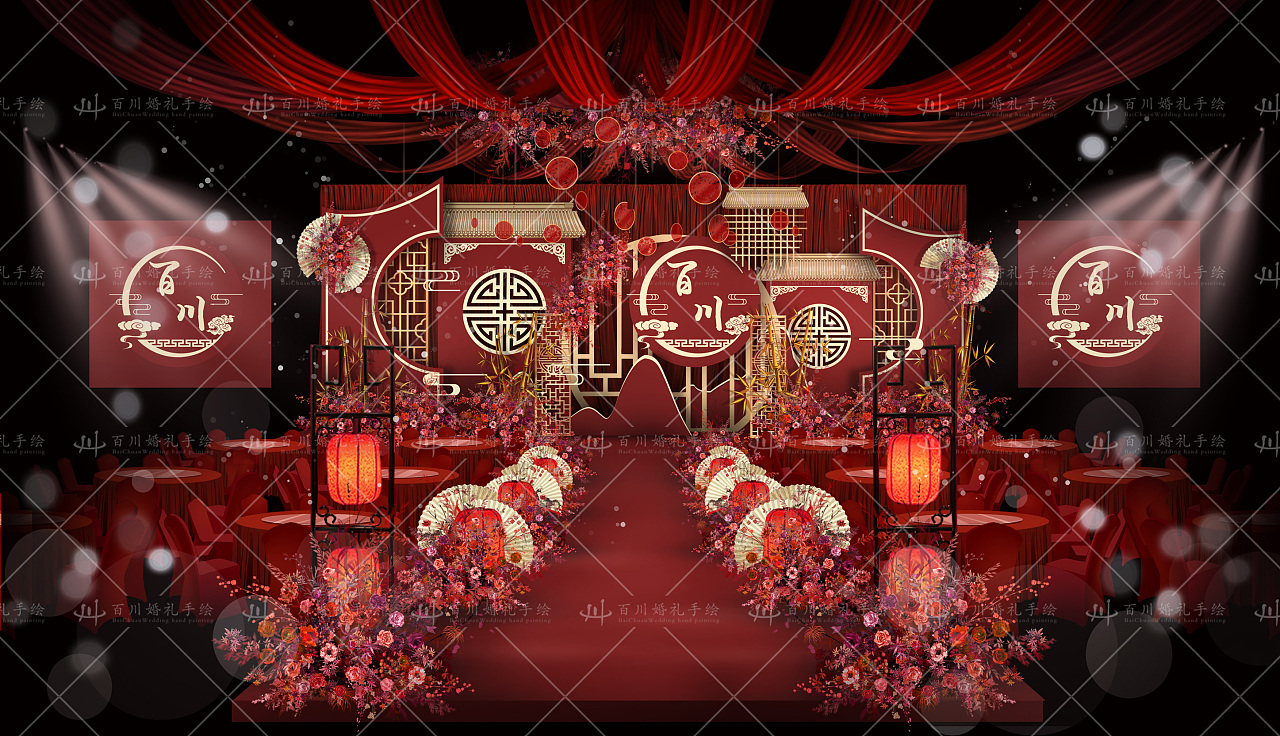 红色新中式婚礼效果图设计中国风中式香槟色婚礼