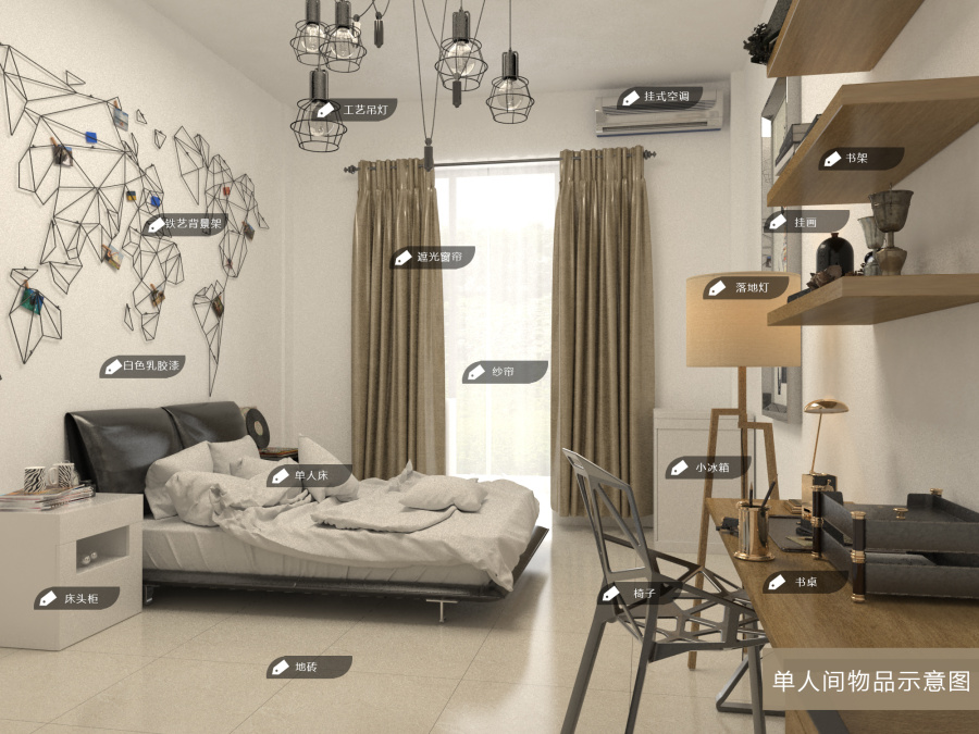 帮学校留学生宿舍制作的寝室效果图|室内设计