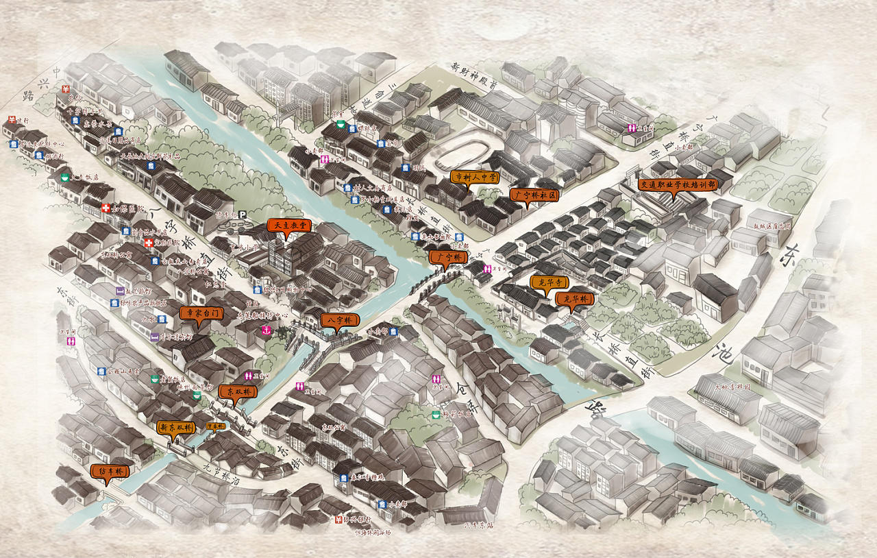 绍兴旅游景区手绘图 八字桥旅游地图 越子城历史街区 旅游地图