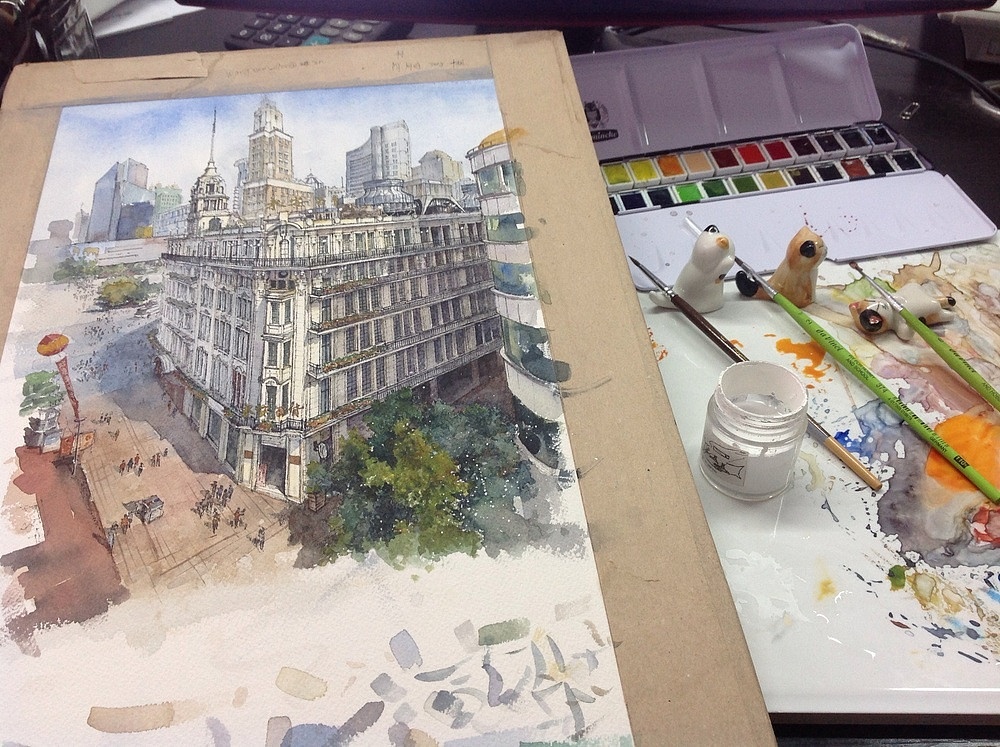 建筑手绘-上海街道俯视 (上色过程) 我要评论 |空