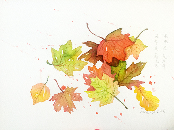 水彩插画-吃的,落叶,花什么的