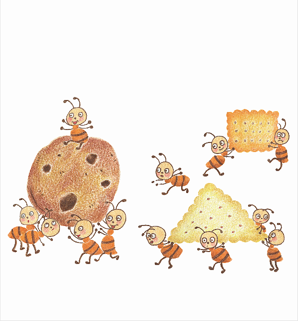 图中展示的是,一群蚂蚁发现食物,并且叫来同伴一起齐心协力把饼干