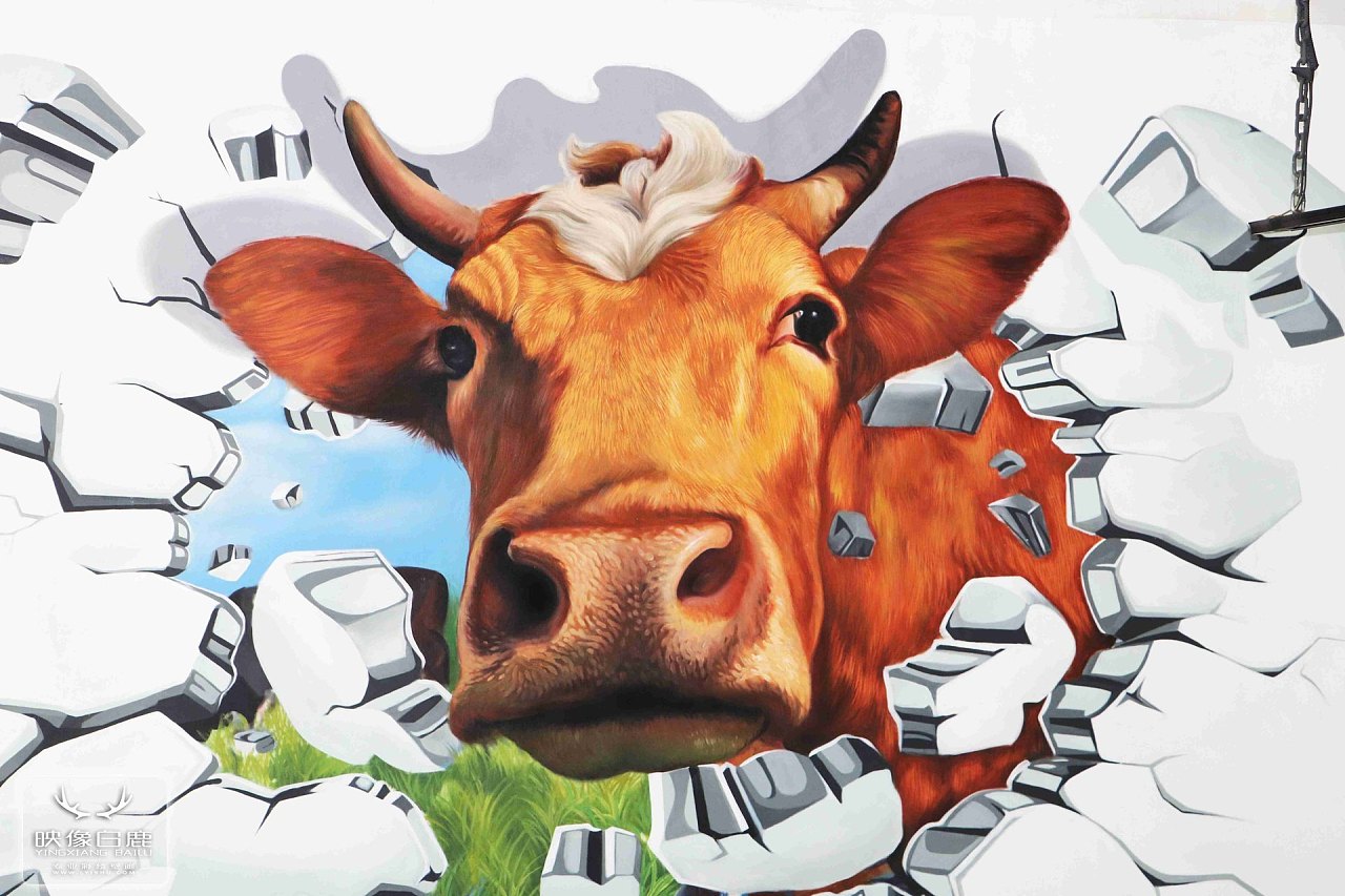 墙绘3d立体画牛牪犇手绘3d立体画牛彩绘墙绘