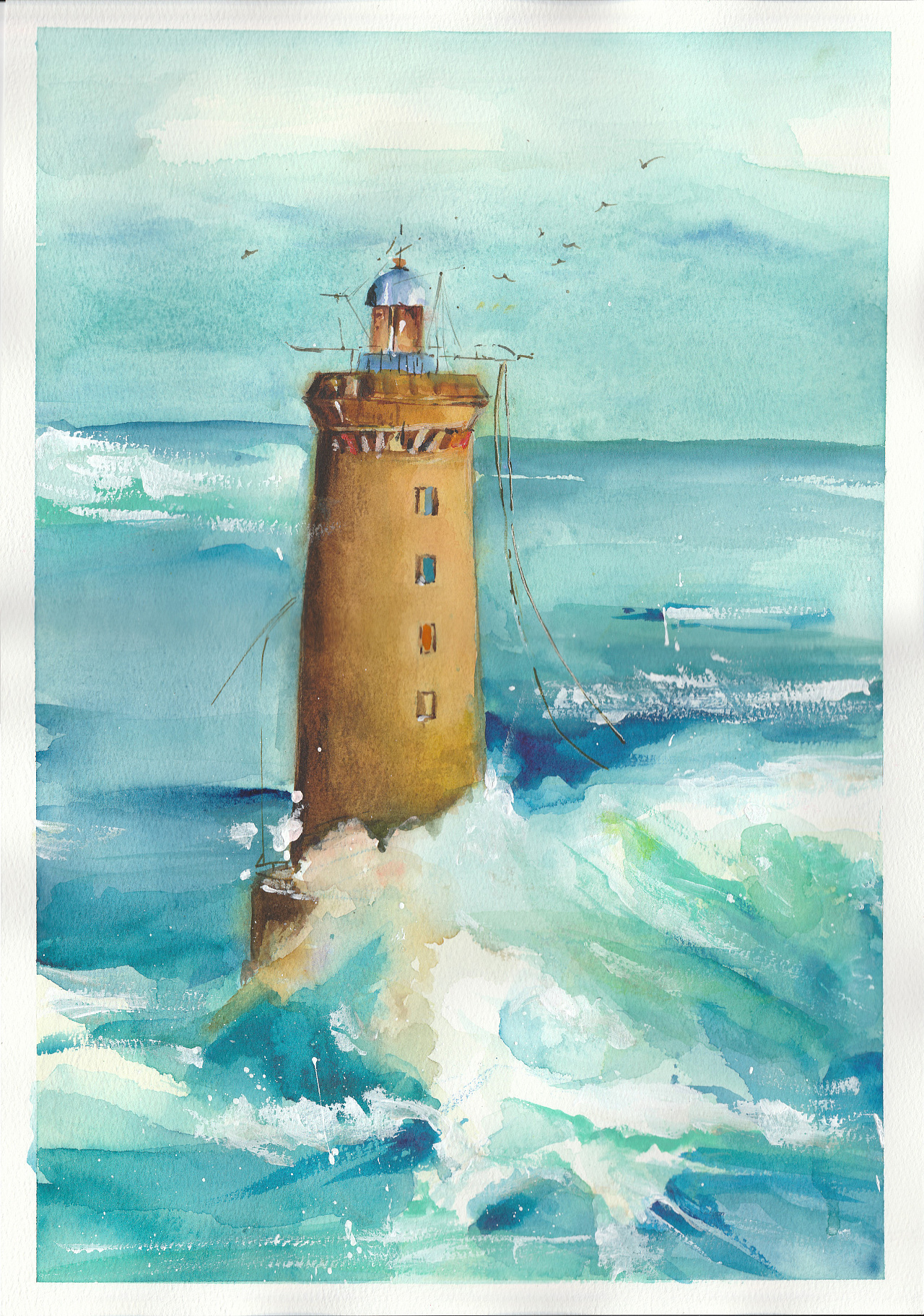 水彩插画 海之灯塔
