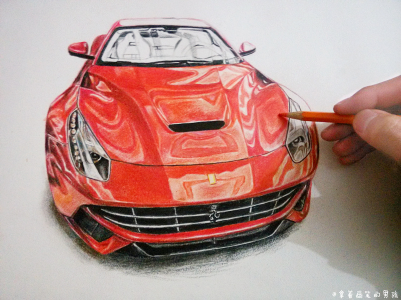 彩铅汽车《法拉利f12》|纯艺术|彩铅|拿着画笔的男孩
