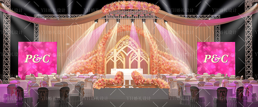 YHwedding婚礼设计:香槟色欧式鲜花婚礼3D效
