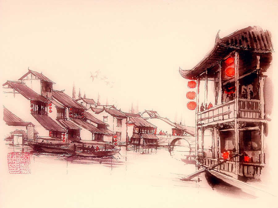 李万海-W-手绘钢笔水墨画《水乡古镇》|绘画习