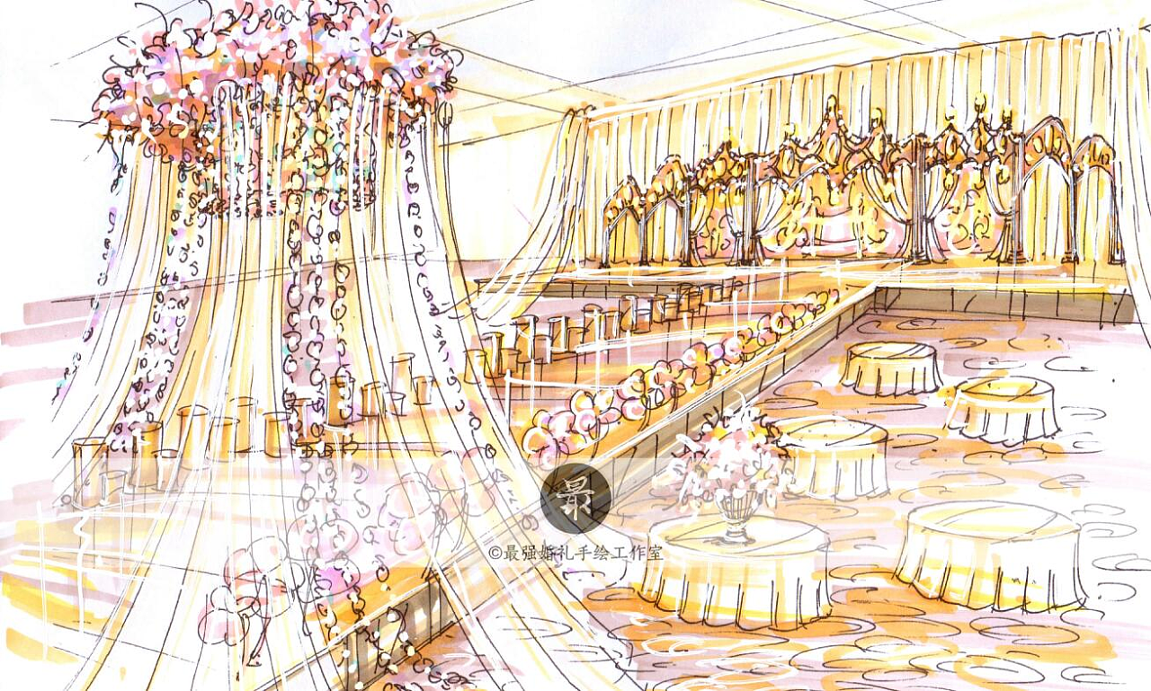 【婚礼手绘】纸面手绘—香槟金厅内效果图|空间|舞台