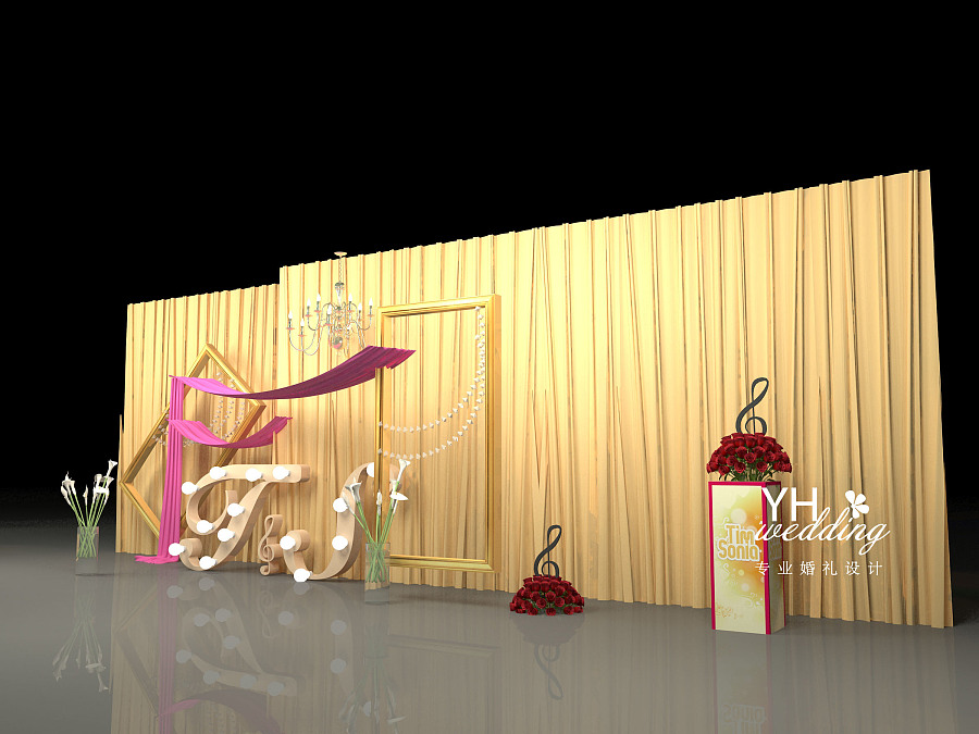 YHwedding:香槟色+玫红色 音乐元素婚礼3D效