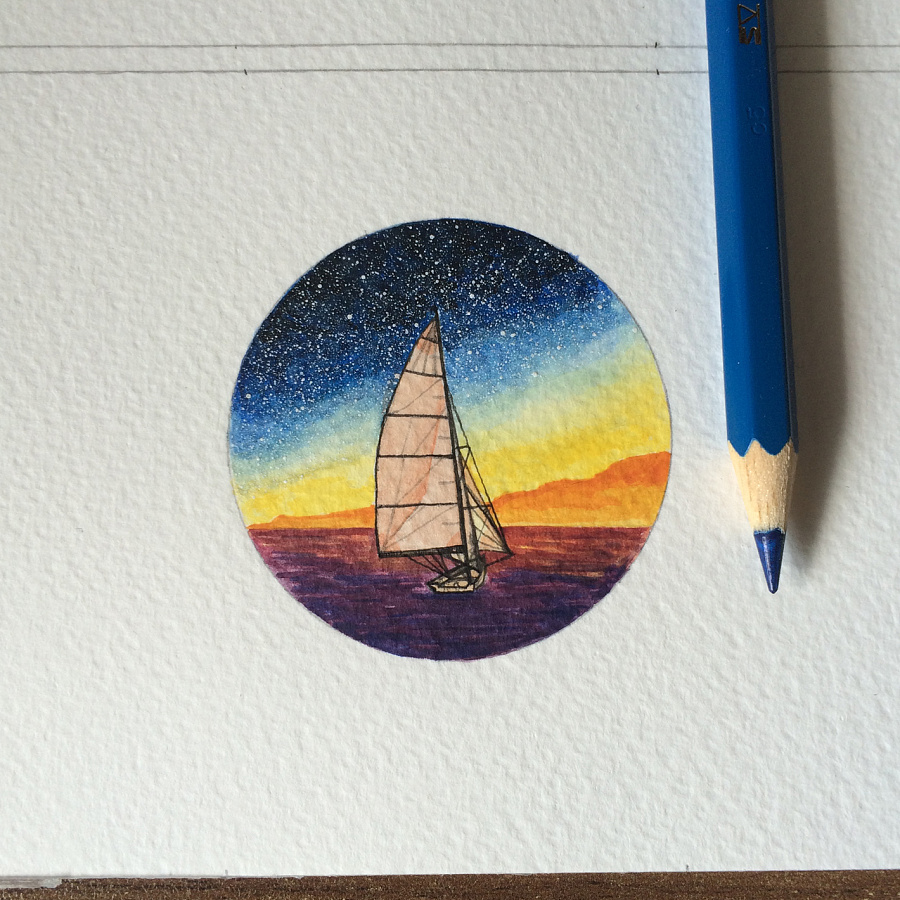三月-星空画-帆船|绘画习作|插画|八艘飞 - 原创设