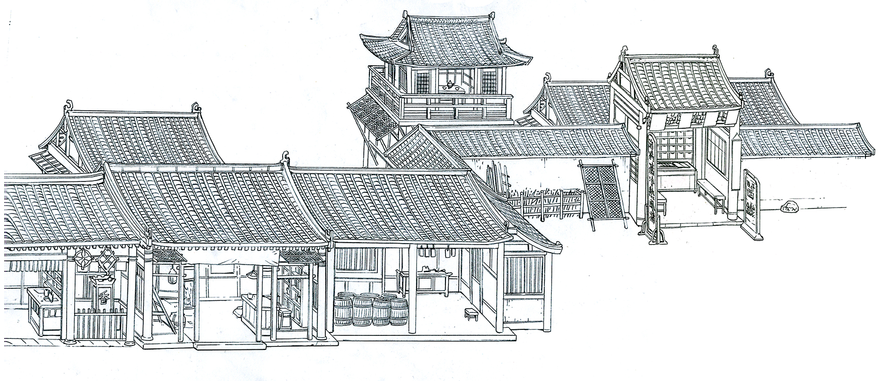 天宝哥画的建筑线稿:城楼上排的小房子