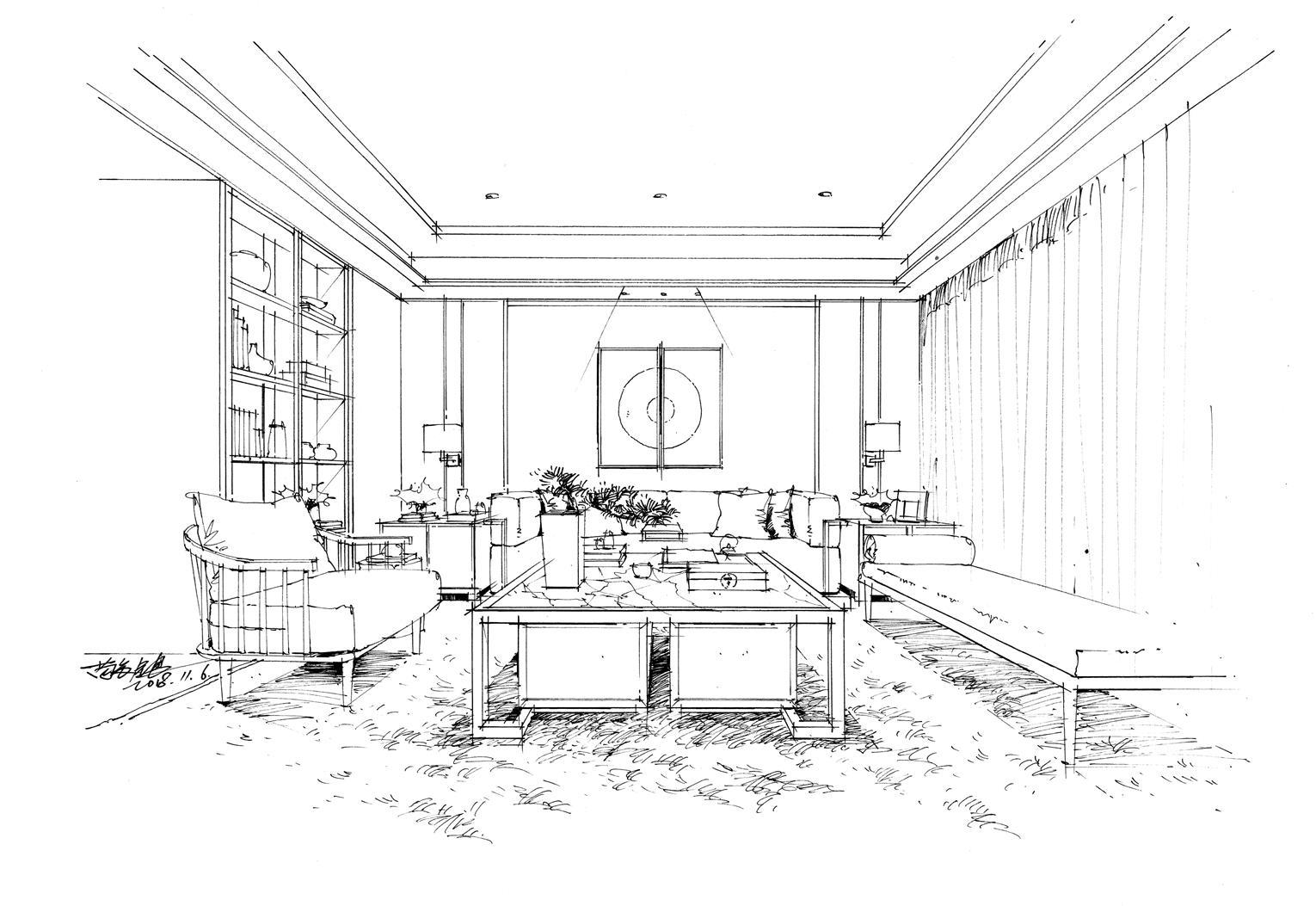 苗长银手绘—室内家装空间手绘线稿范例