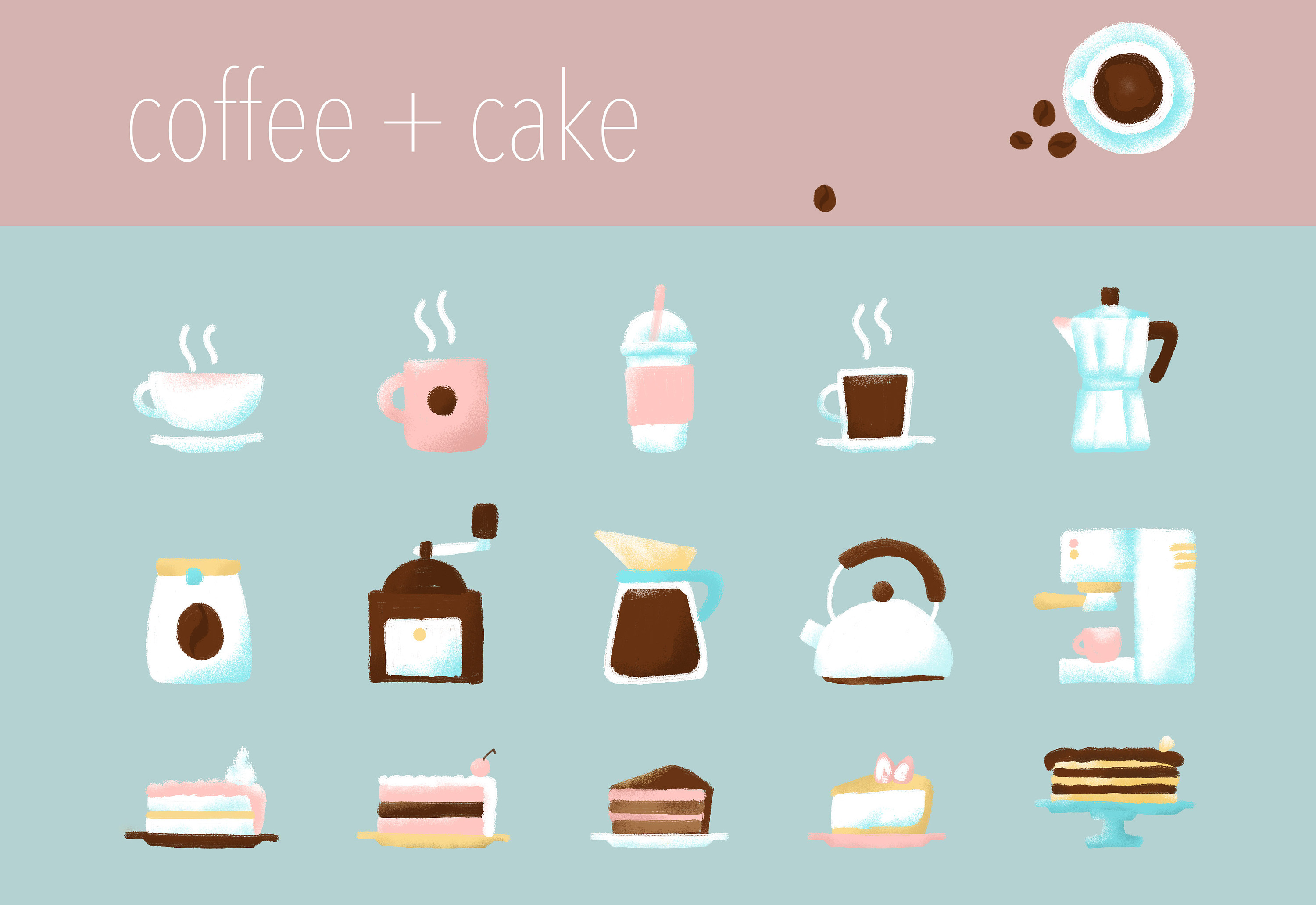 free手绘素材-咖啡蛋糕小物