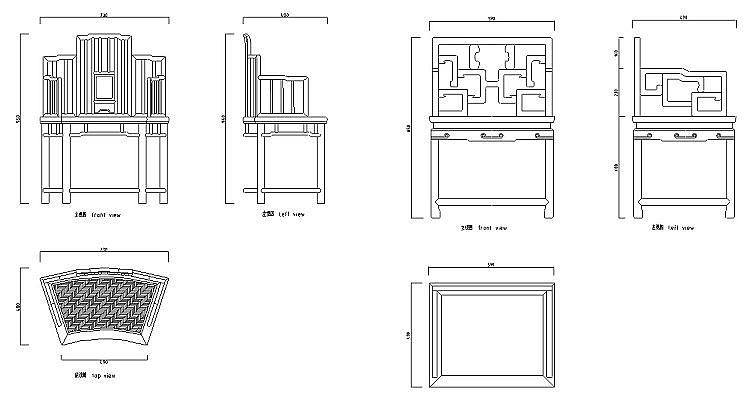 cad中式欧式古典家具桌椅子床三视图平立面图库素材