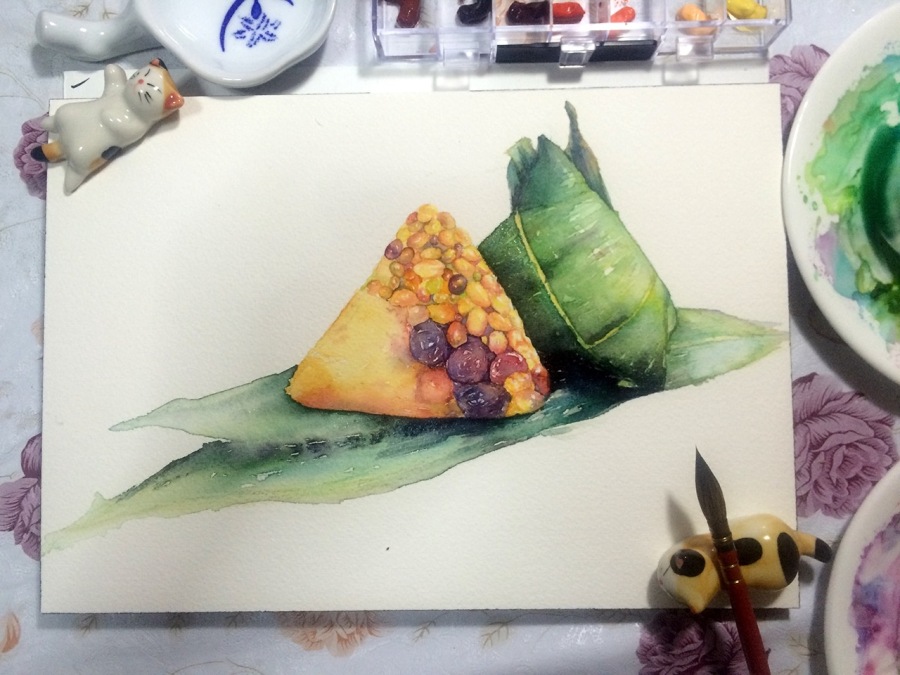 小妮子-水彩粽子教程|绘画习作|插画|大头妹子 