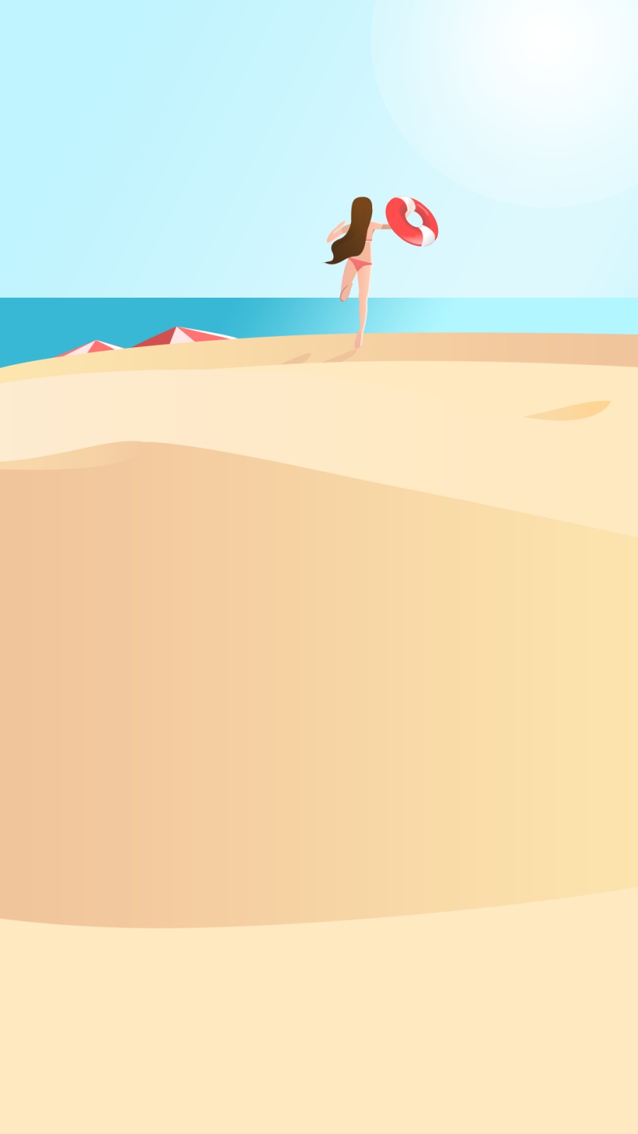 扁平简约风格春天秋天插画,美女海边游泳 小孩