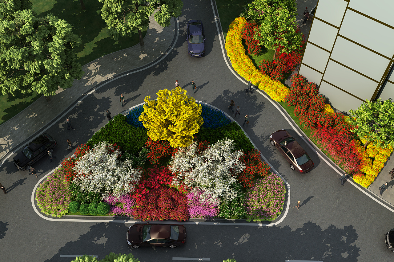 小区出入三岔口景观绿化种植设计方案效果图