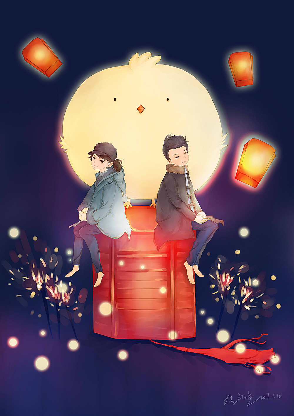 新年,2017,红色,灯笼,鸡,夜晚,小清新,插画