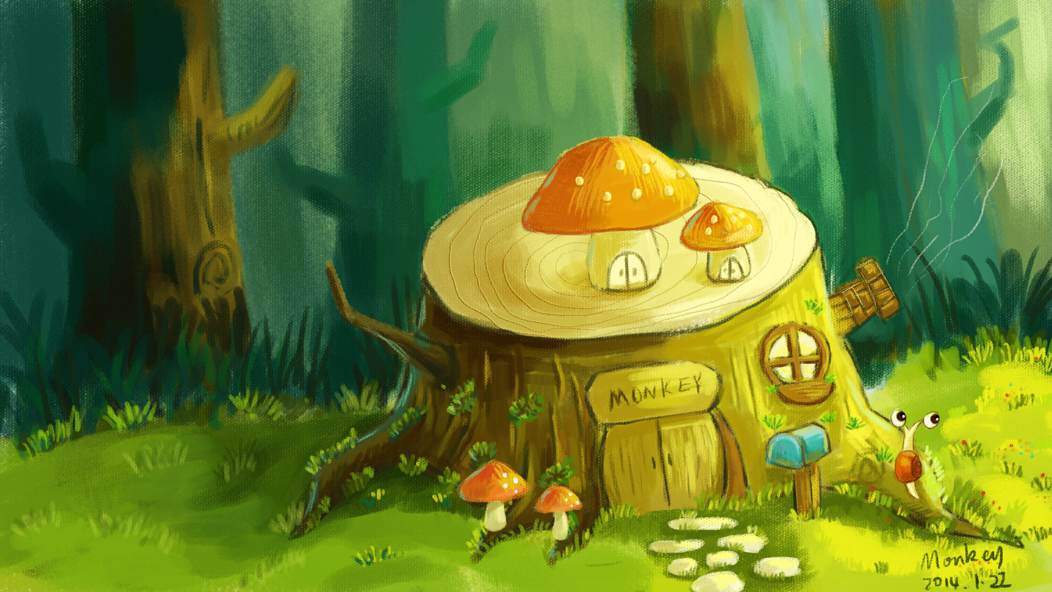 插画 宁静的森林 树洞 蘑菇 蜗牛 房子