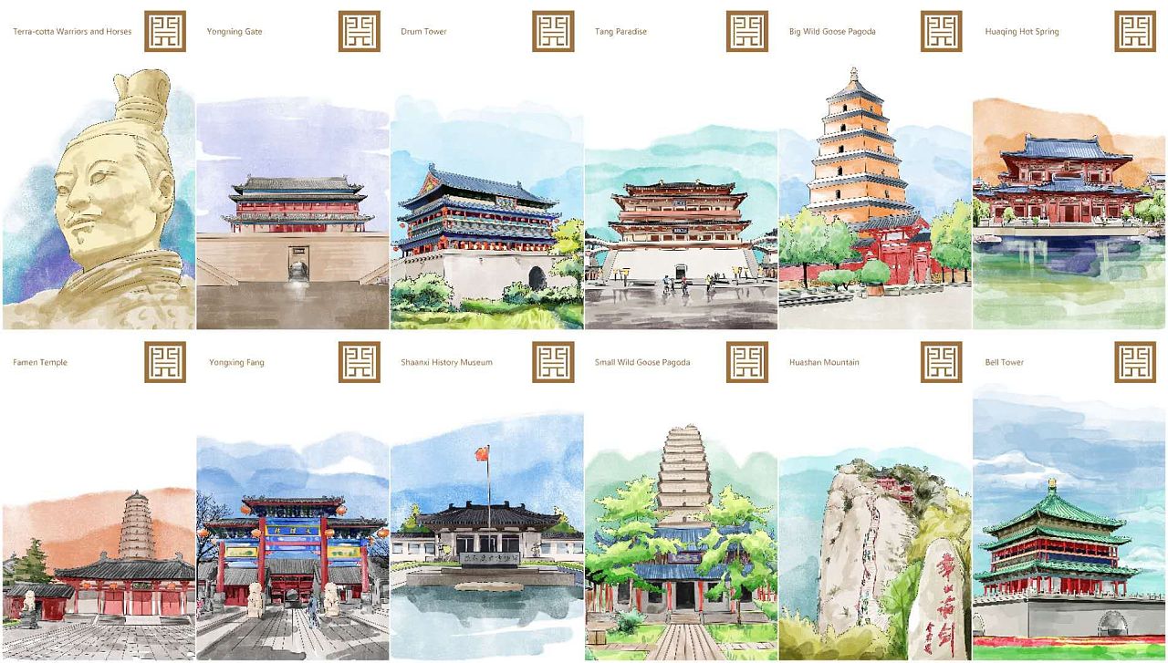 12个陕西名胜古迹的手绘,前后画了半个月