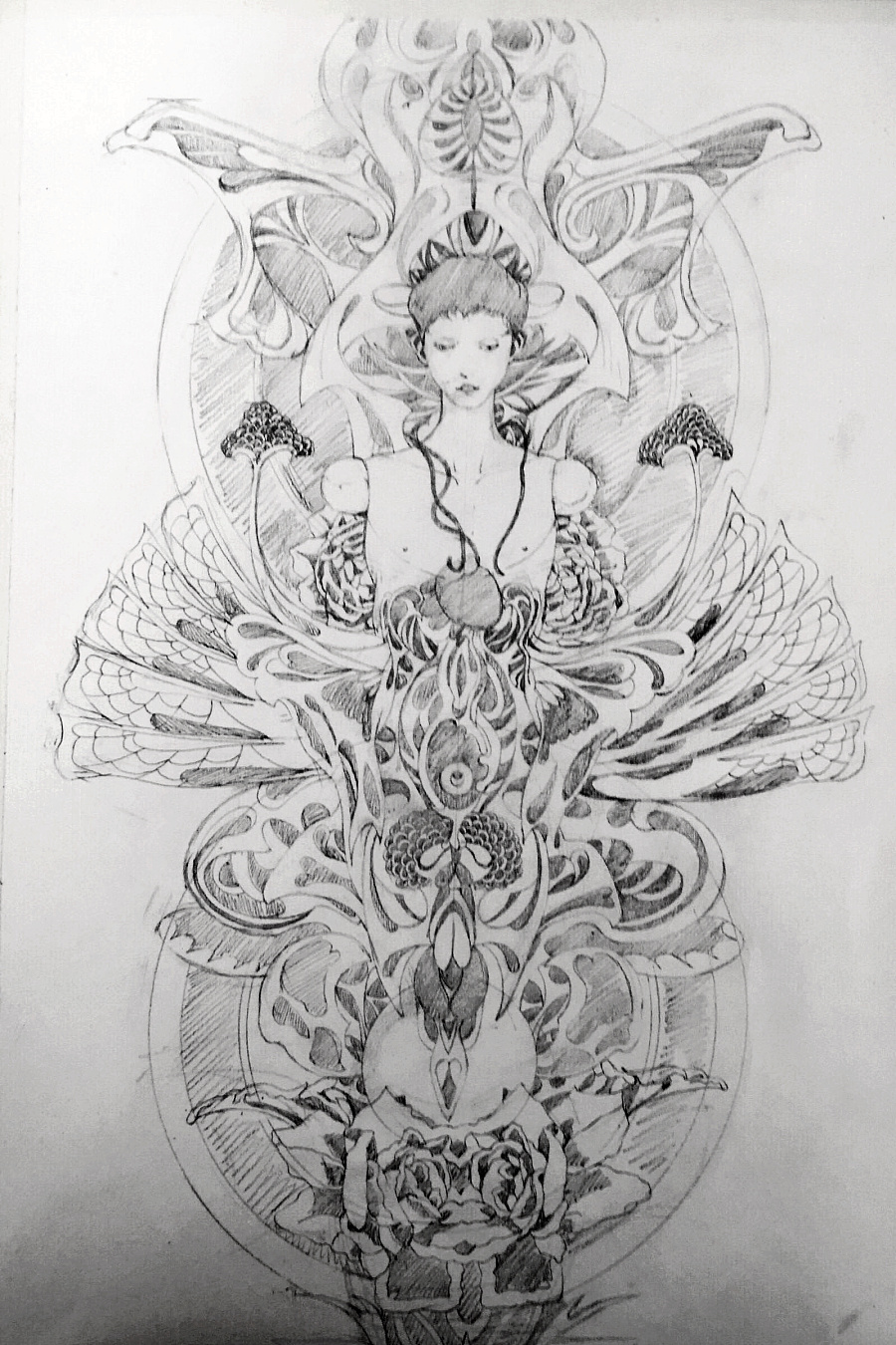 黑白画,参考日本浮世绘画师山本夕力卜的作品