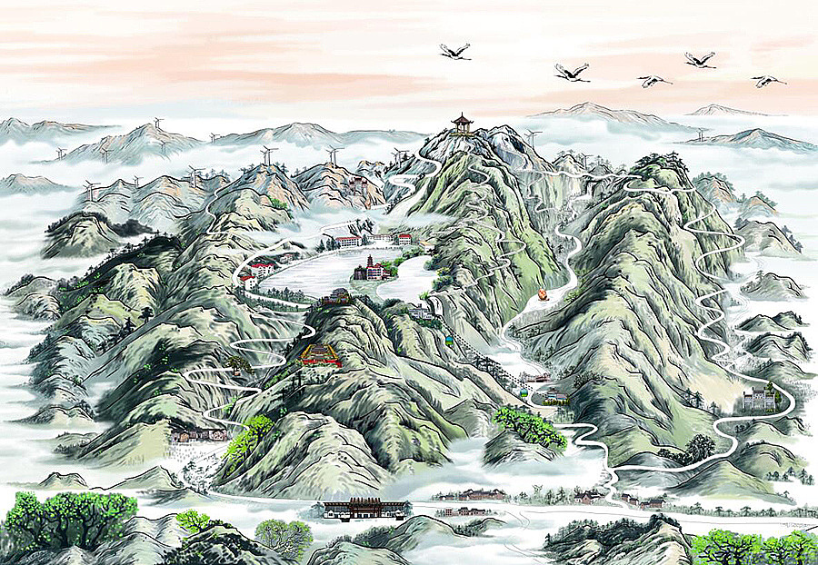 绝美的国画风格地图,九宫山手绘地图,大地手绘地图