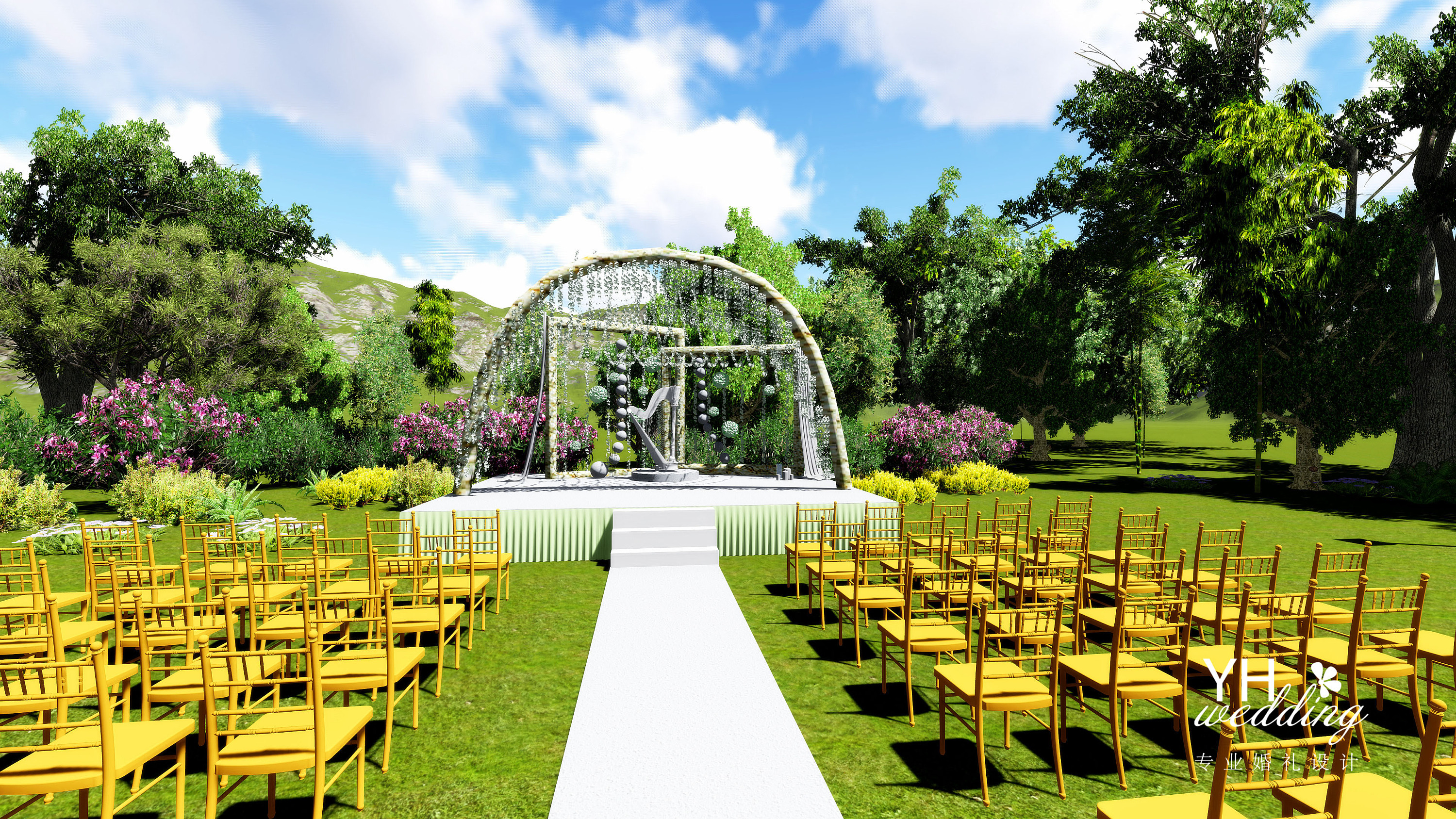 yhwedding婚礼设计:清新绿系户外婚礼舞台3d效果图 可爱大白又入镜了
