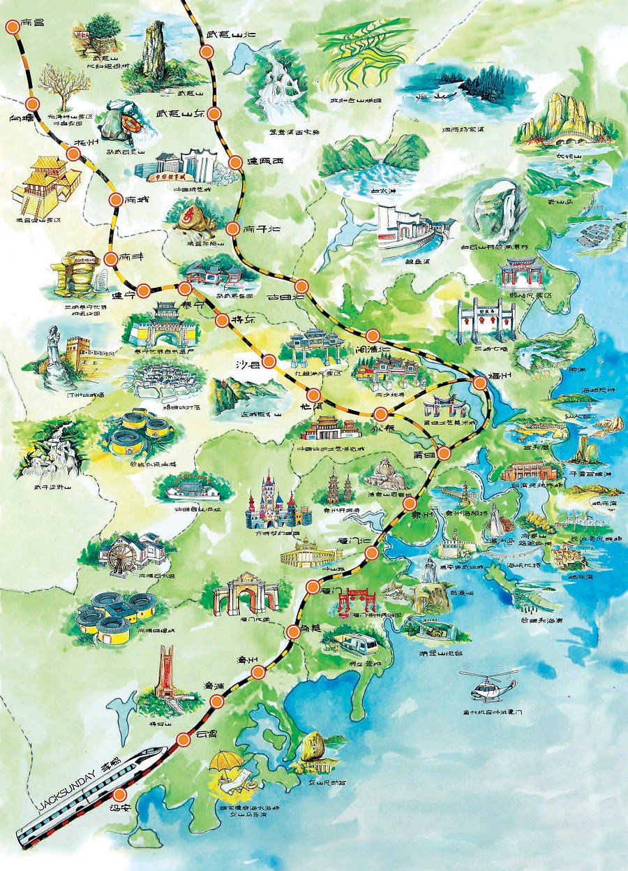 福建省内高铁旅游手绘地图创作绘制图片