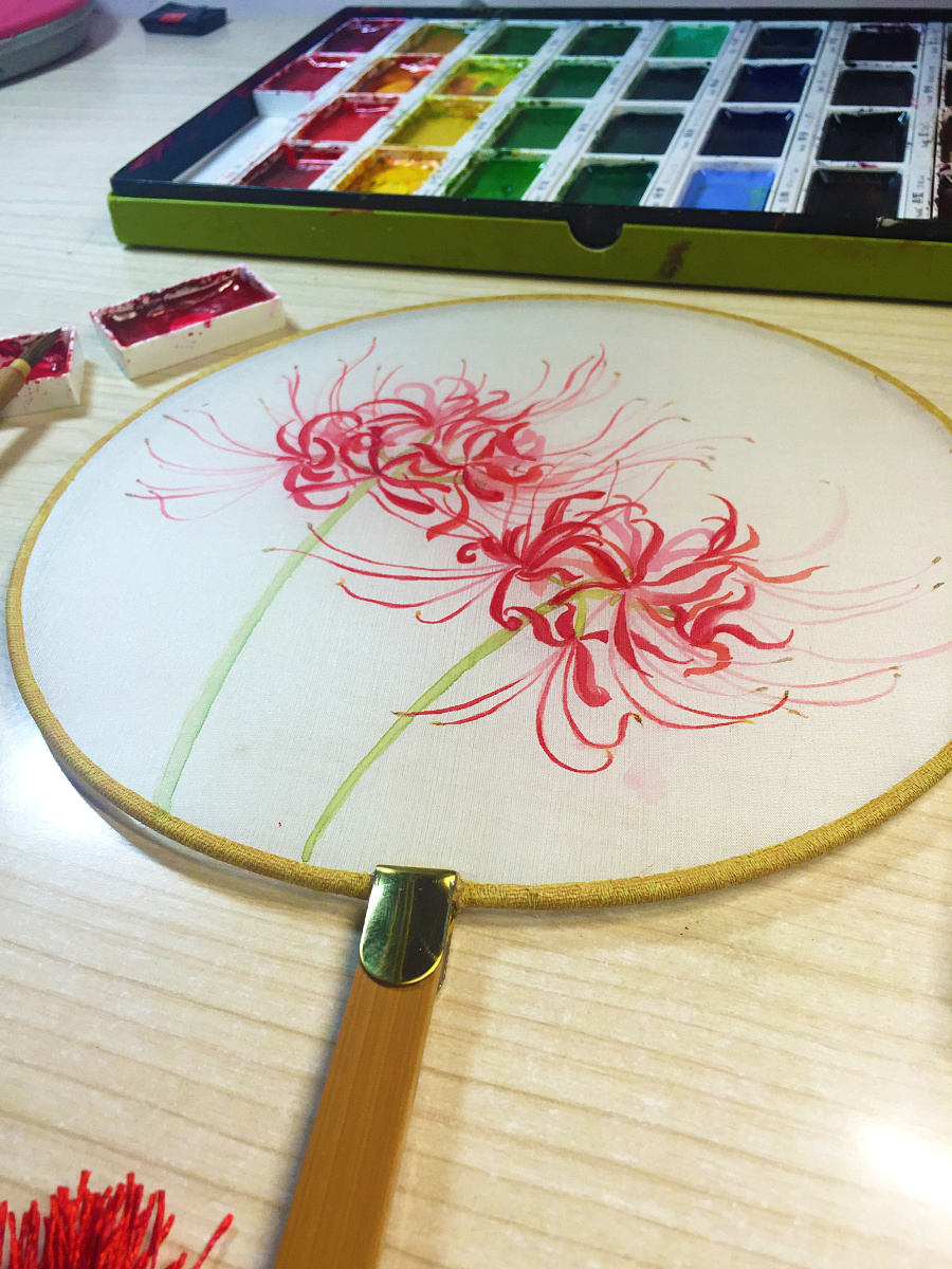 水彩手绘--扇子(彼岸花)|水彩|纯艺术|barly - 原创