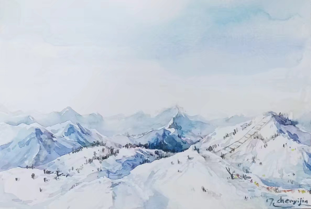 水彩手绘雪山