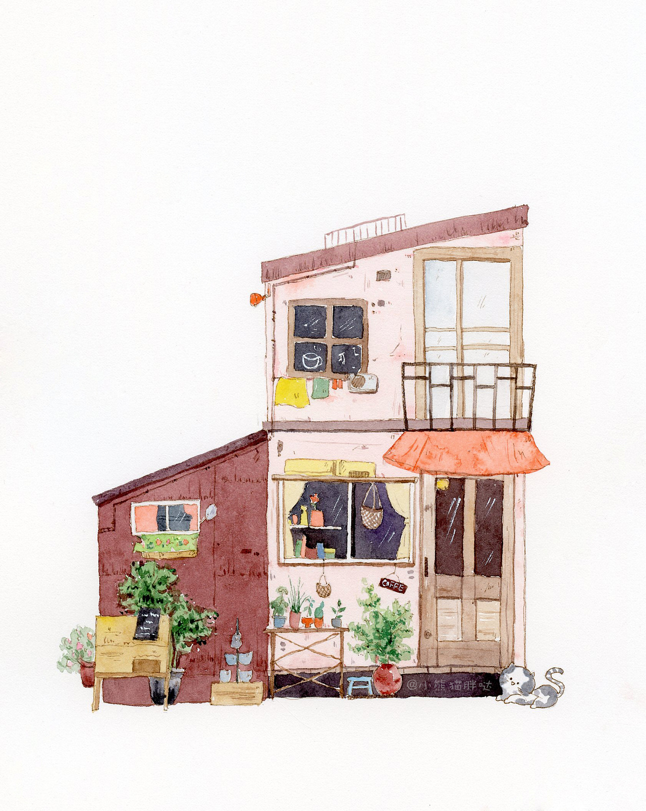 【小熊猫】水彩手绘人一间小店咖啡店杂货铺手绘淡彩