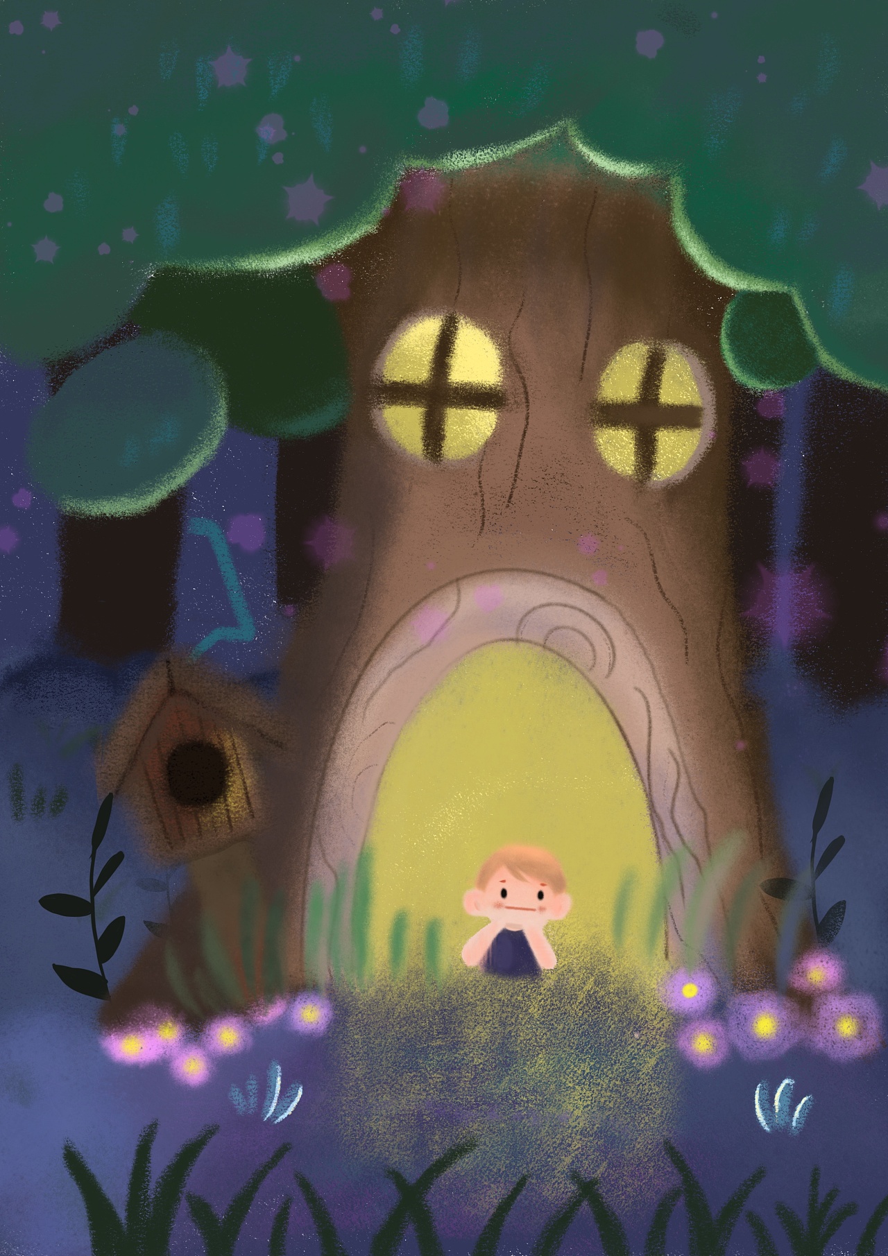 树洞里的小男孩|插画|儿童插画|八月是只喵 临摹作品 站酷(zcool