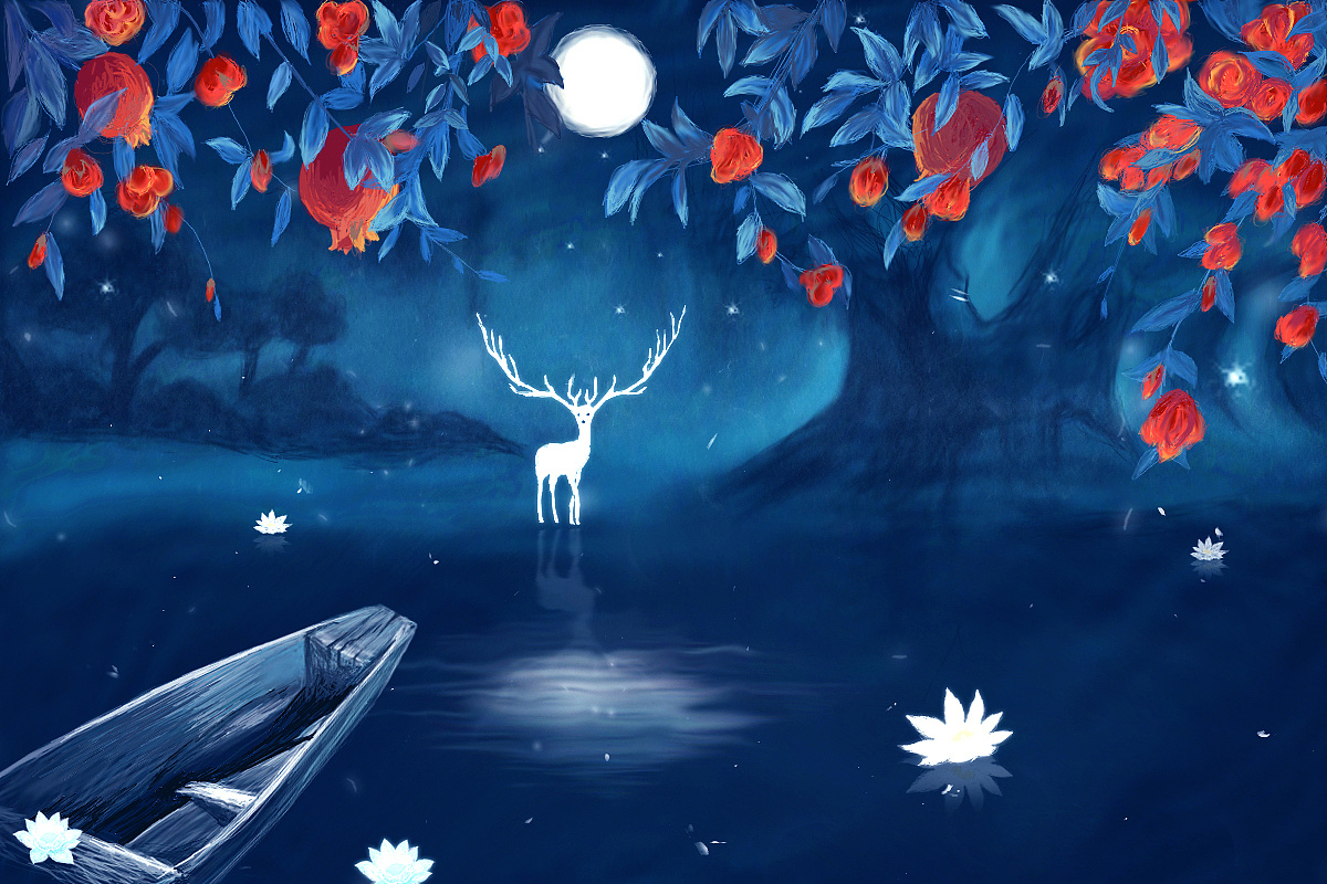 插画静谧奇幻场景 诡异神秘深蓝麋鹿强对比湖