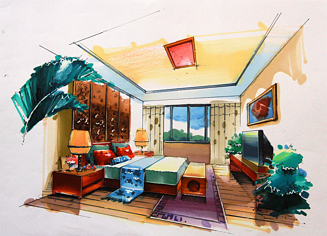 室内设计客房手绘卧室手绘 - 堆糖，美图壁纸兴趣社区