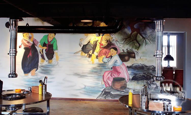 南京釜山火炉韩式烧烤店墙面绘制,烧烤店墙绘,餐饮墙绘
