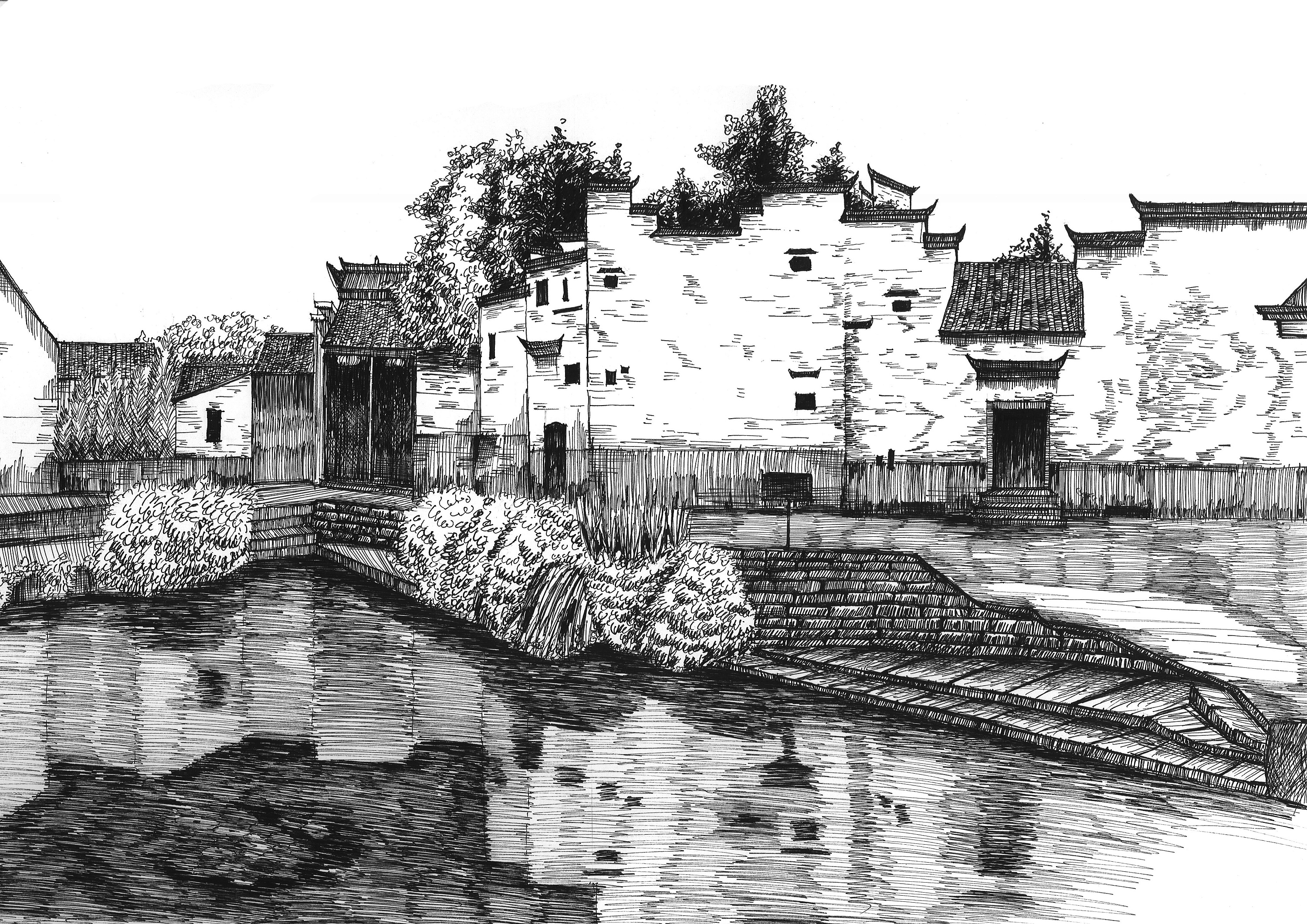 徽派建筑钢笔画|纯艺术|钢笔画|MHC绘 - 原创作品 - 站酷 (ZCOOL)