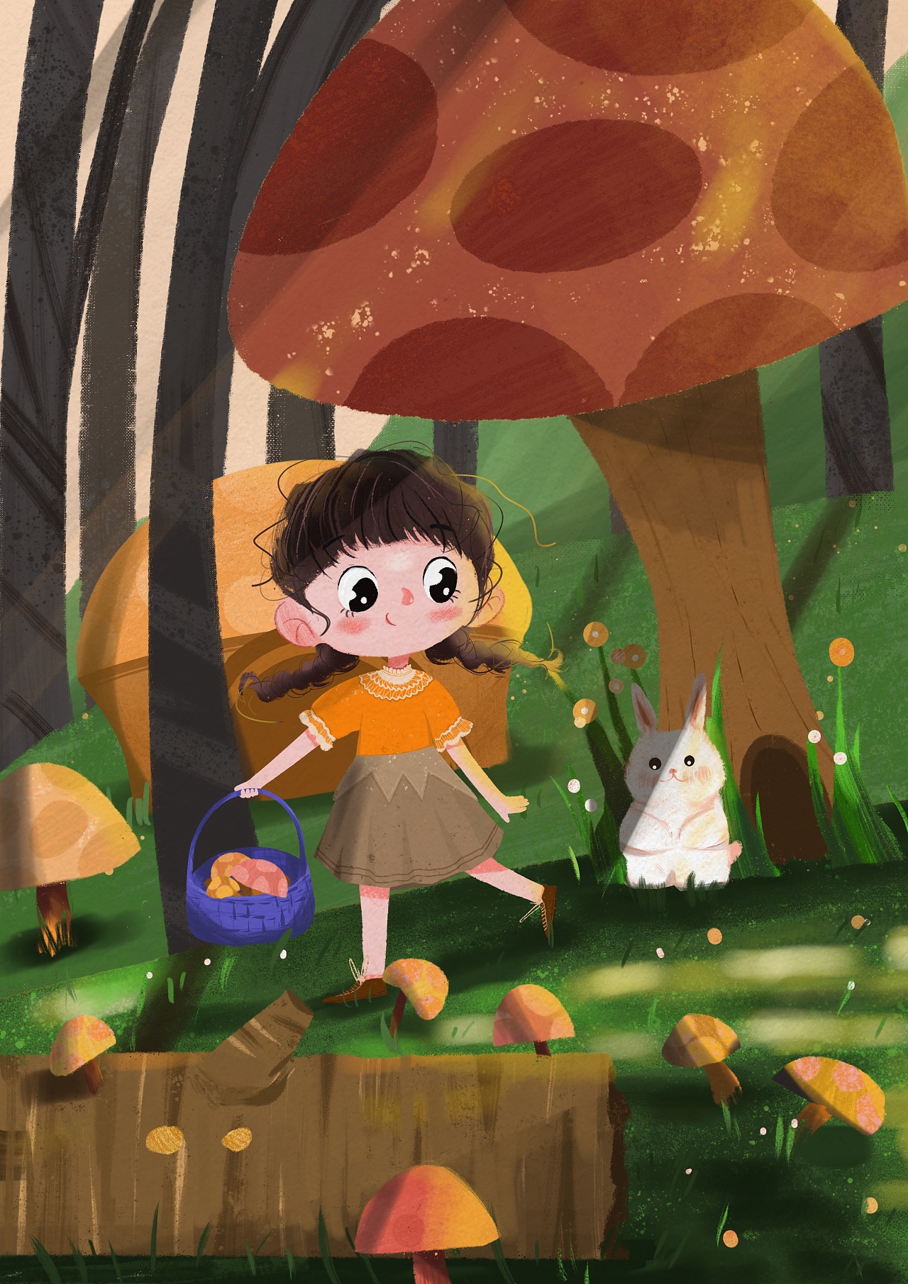 儿童插画/采蘑菇的小姑娘
