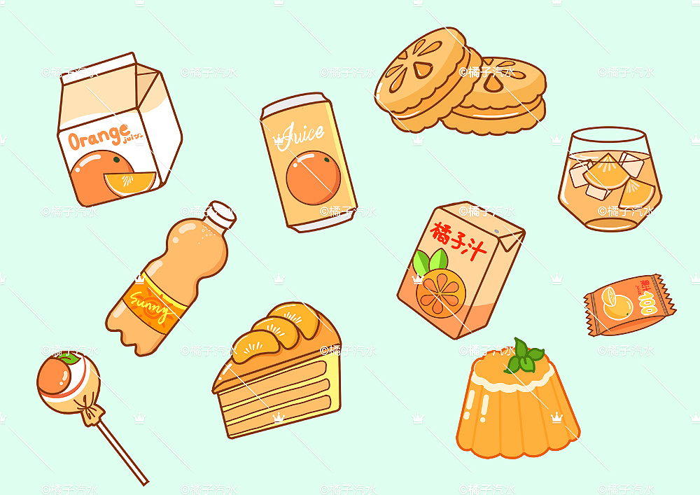 主题小物品贴纸(橙色/橘子/橙子/饮料/零食主题)|插画