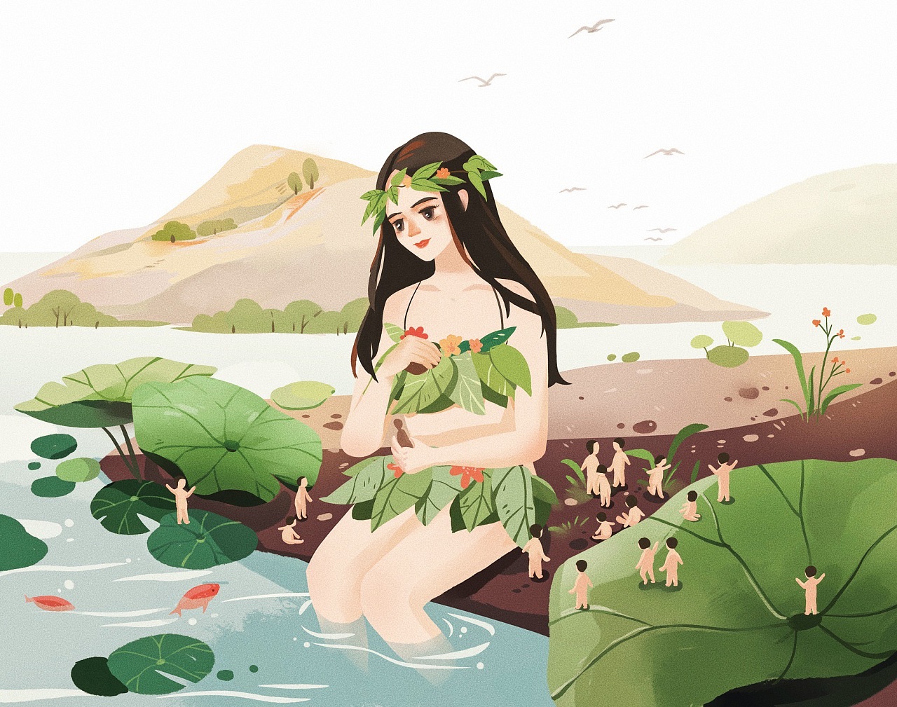 儿童插画——女娲造人