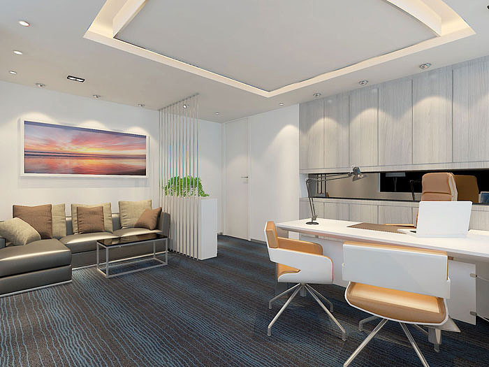 总经理办公室开敞明亮,黑色沙发,灰色地毯,融合了现代简约主义理念
