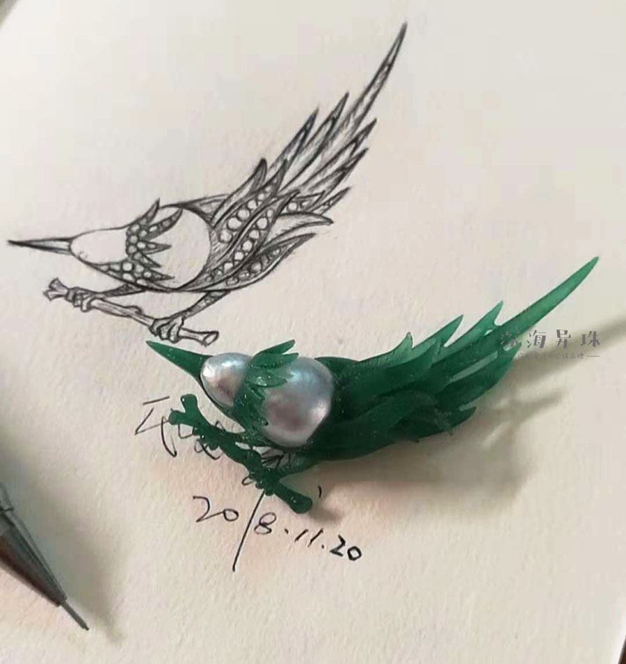 异形珍珠鸟胸针设计定制过程记录