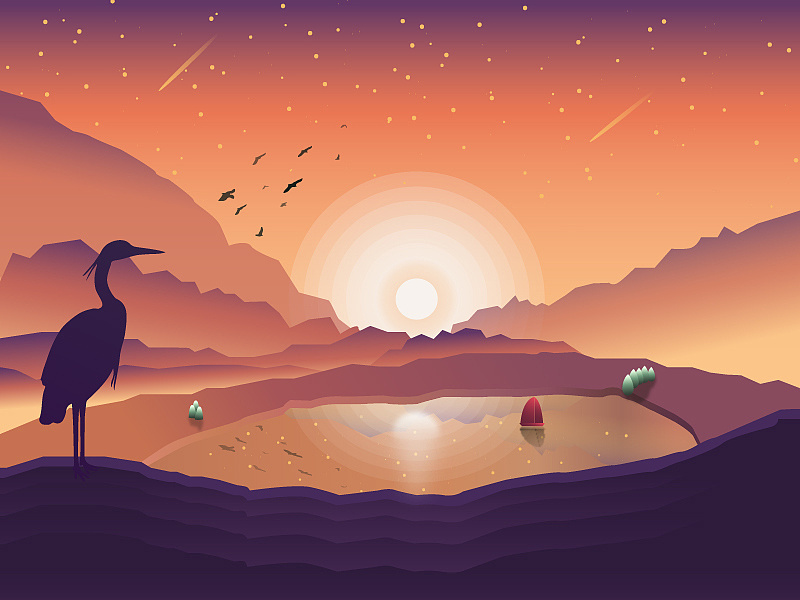 《大漠夕阳,苍鹭飞鸥》插画习作