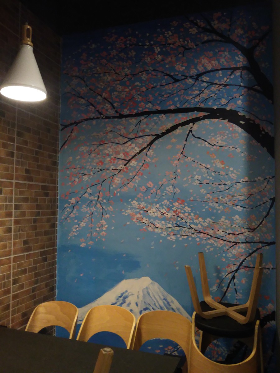 原日本料理店手绘墙绘墙体彩绘。太原幼儿园文