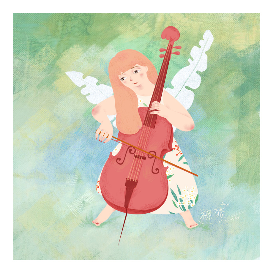拉大提琴的女孩|商业插画|插画|不吃白萝卜的猫