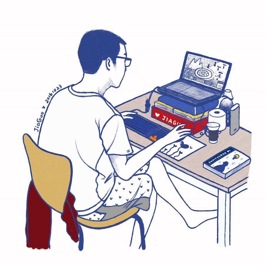 周末在家看男友打游戏|绘画习作|插画|JiaGuo -