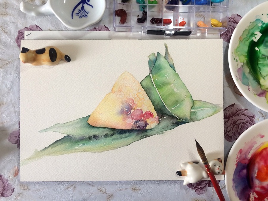 小妮子-水彩粽子教程|绘画习作|插画|大头妹子 