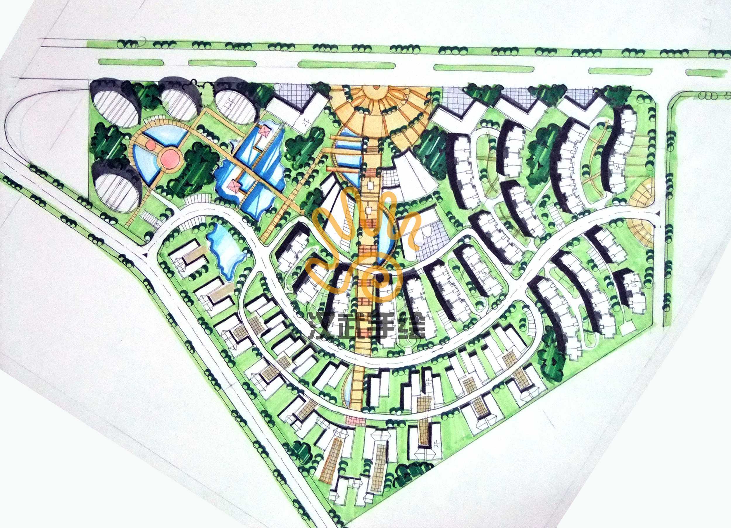 城市规划手绘鸟瞰图