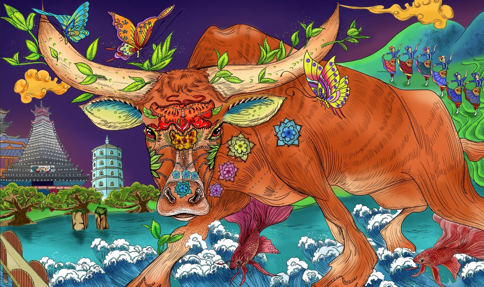 原创手绘商业插画《牛神》横幅长图 产品