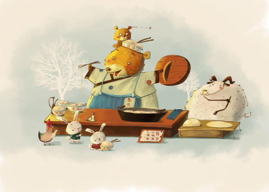 卖面条的小熊熊|绘画习作|插画|卖冰棒的小男孩