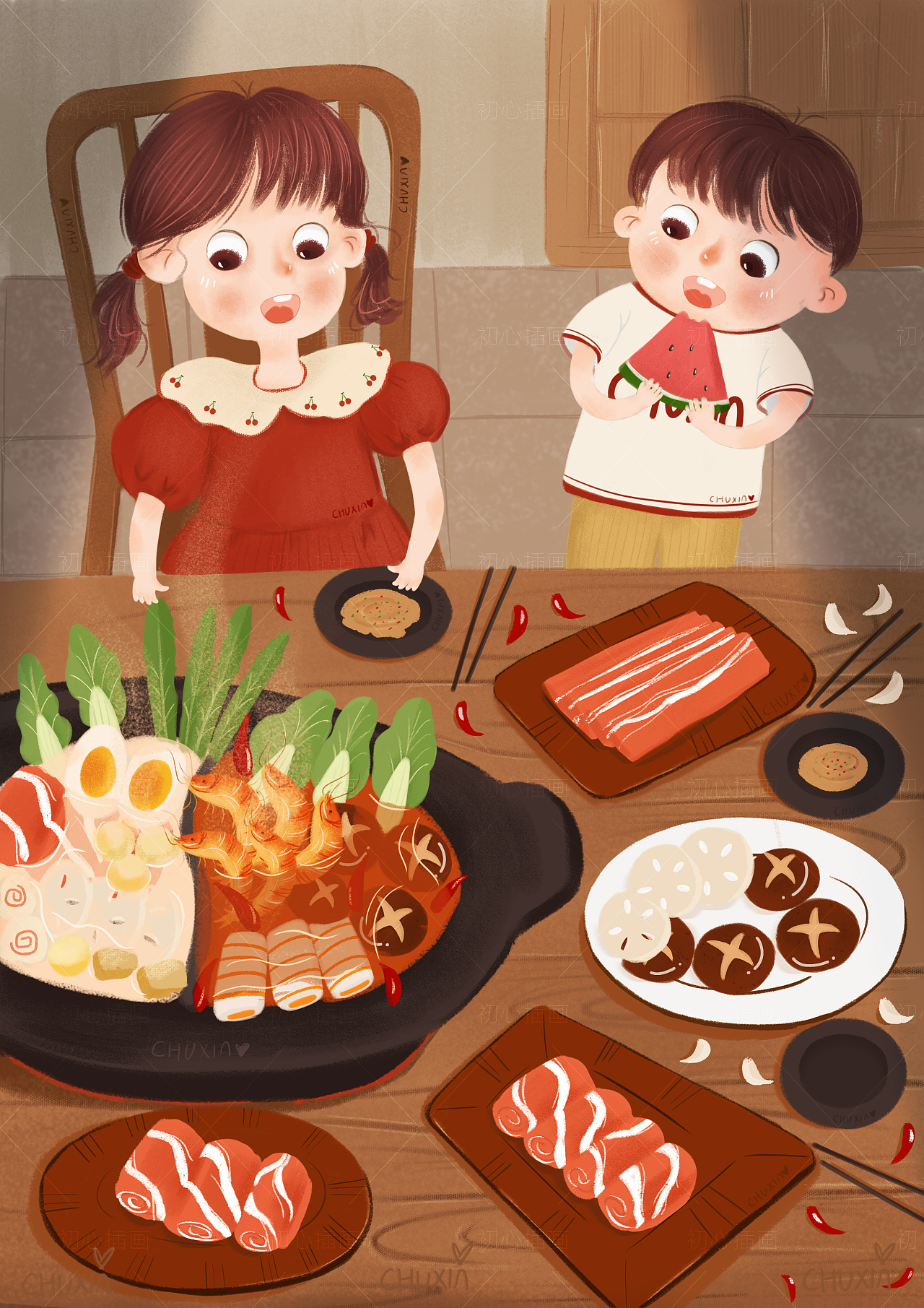 儿童插画—我们一起吃火锅 美食商业插画